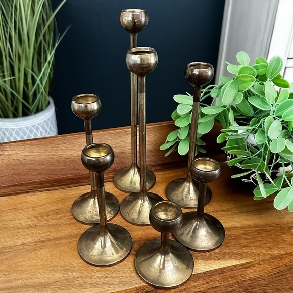 Mid Century Scandinavian Brass Graduated Candleholders - Set of 7 - Picture 1 of 9